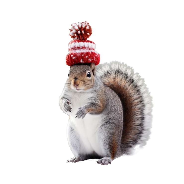 PSD squirrel in winter scarf holding pine cone