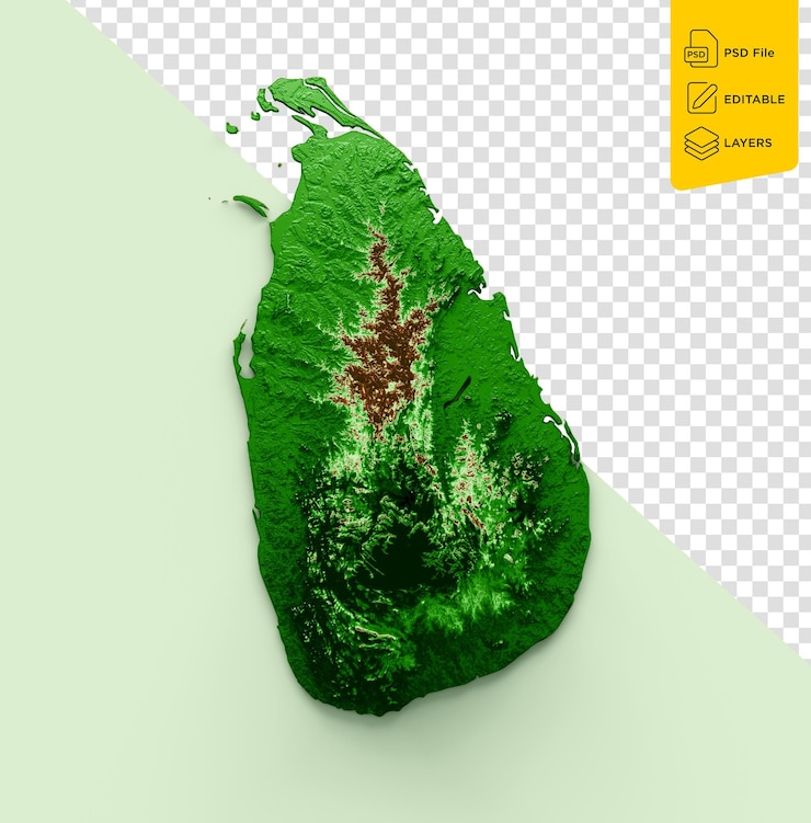 PSD 斯里蘭卡地形地圖 3d 真實地圖顏色在淡綠色背景 3d 插圖