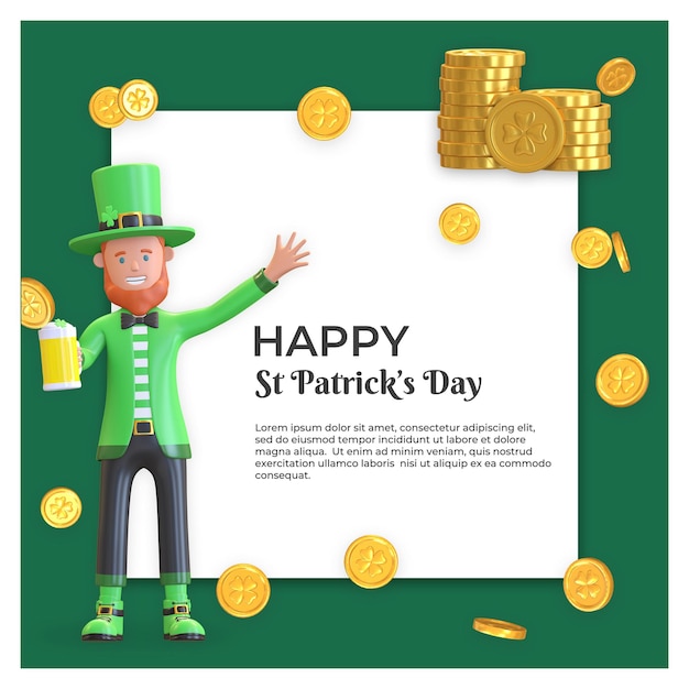 St. patrick's day social media sjabloonontwerp met kabouter en munt achtergrondillustratie