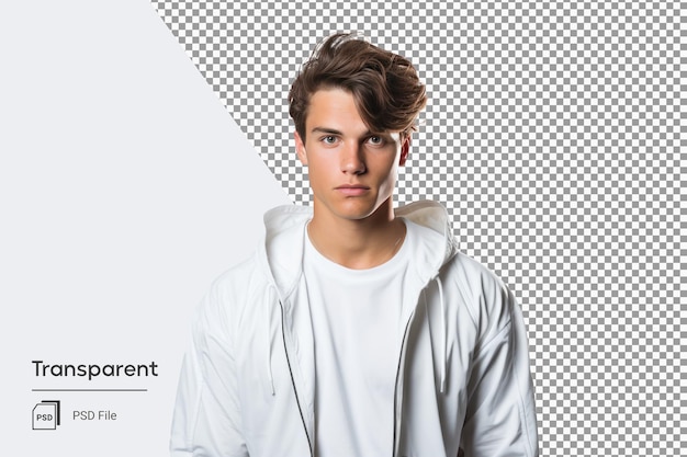 Staande jonge tienerjongen in wit sweatshirt Transparante achtergrond AI gegenereerd