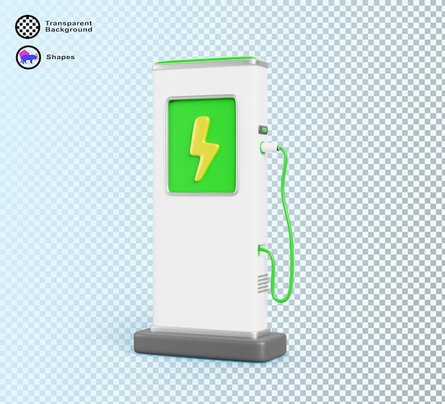 Stacja ładowania samochodów elektrycznych 3d renderowanie ikony zielona energia i eko-technologia koncepcja ładowarka elektryczna do ładowania akumulatorów pojazdów elektrycznych z kablem symbolem błyskawicy