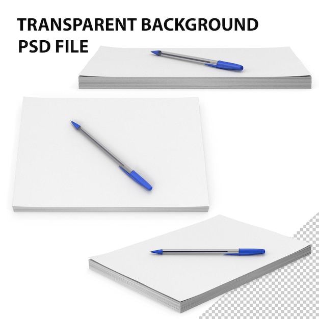 PSD stack of a4 paper with pen png