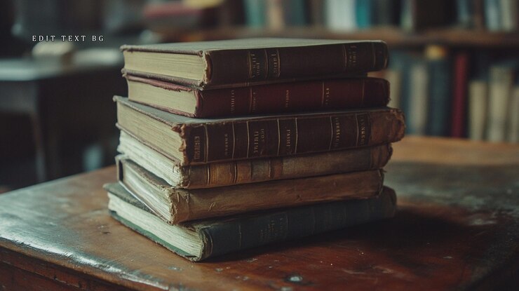 PSD stack of antique books on wooden table in library