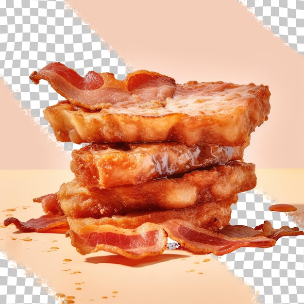 PSD una pila di bacon su un tavolo con sopra l'immagine di un bacon.