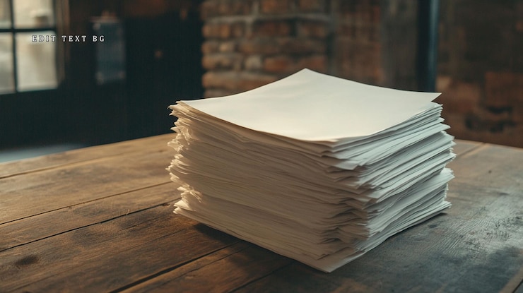 PSD stack of blank papers on rustic wooden table