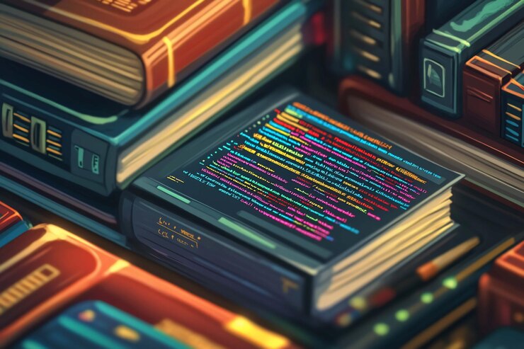 PSD stack of books one showing colorful code