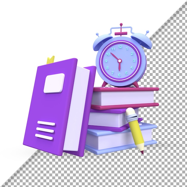 Stack of books with alarm clock illustration background 3D render icon for business idea concept