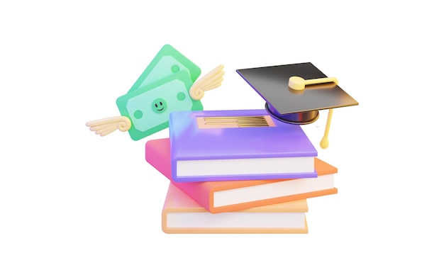 A stack of books with a book and a graduation cap on top.