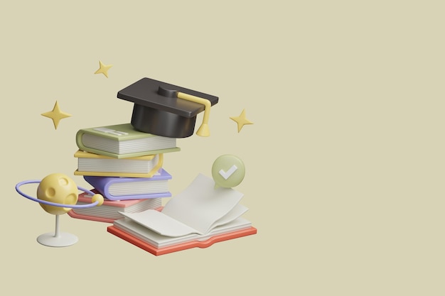Стопка книг с выпускной шапкой поверх нее.