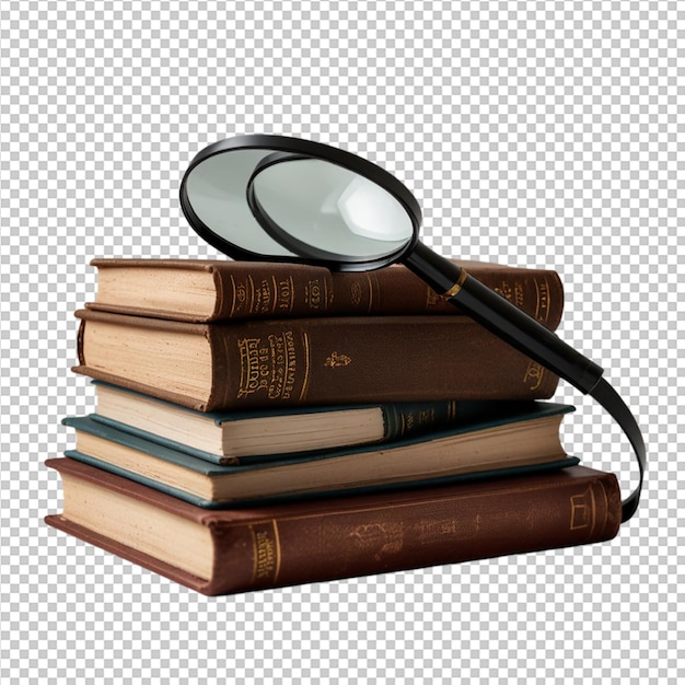 stack of books with a magnifying glass