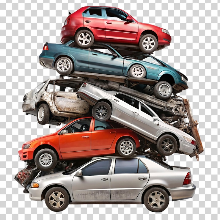 PSD a stack of broken cars isolated on transparent background