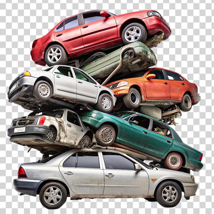 PSD a stack of broken cars isolated on transparent background
