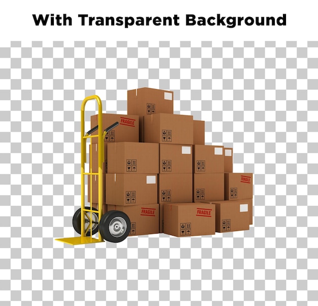 stack of cardboard boxes on a yellow hand truck