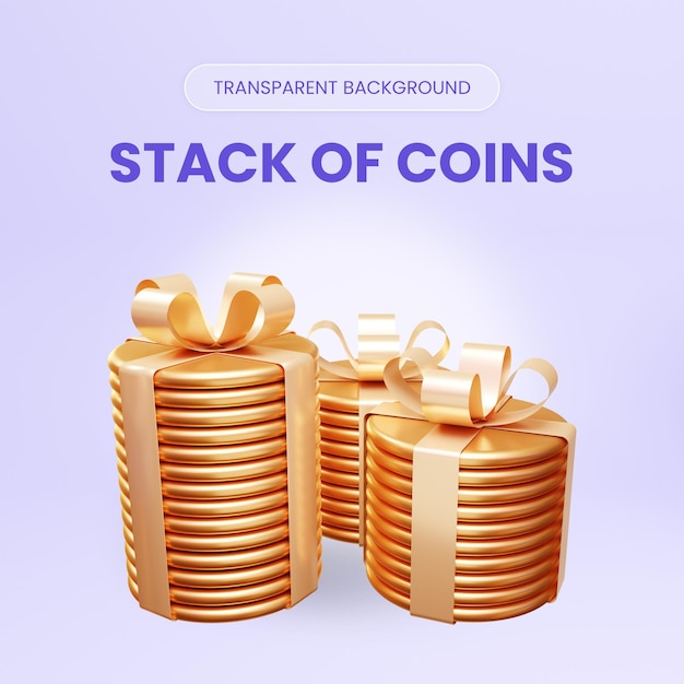 Stack of coins with ribbon 3d rendering illustration