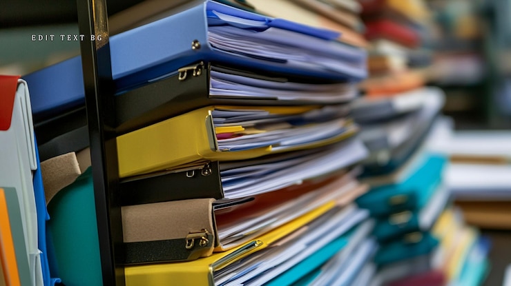 PSD stack of colorful binders and paperwork overflowing a shelf