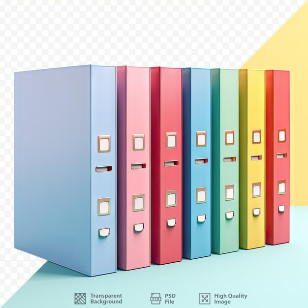 PSD stack of colorful blank binders ed on transparent background