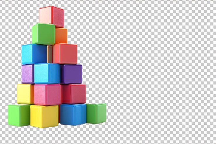 PSD stack of colorful toy blocks set against a transparent background