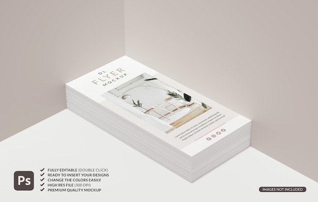 Stack of DL flyer mockup on a minimalist scene background for design presentation and stationery concept in 3D rendering