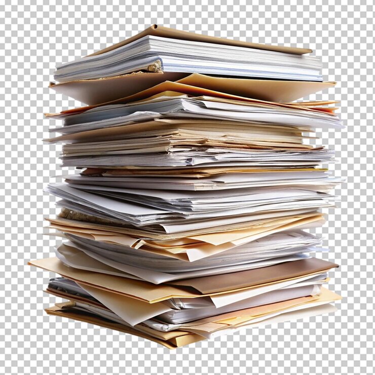PSD stack of file folders with documents isolated on transparent background