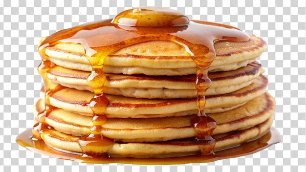 A stack of fluffy pancakes with maple syrup dripping down the sides isolated on transparent background