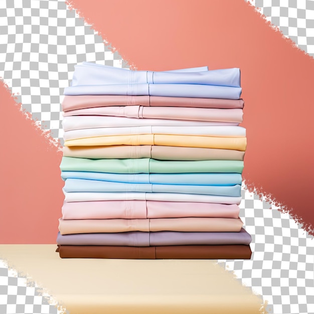 PSD a stack of folded clothes on a shelf with a pink background.