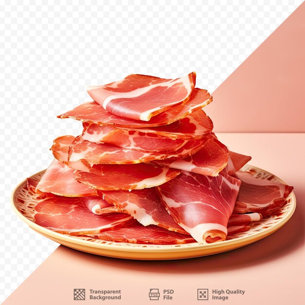 PSD una pila di cibo su un piatto con sopra l'immagine di una pila di pancetta.