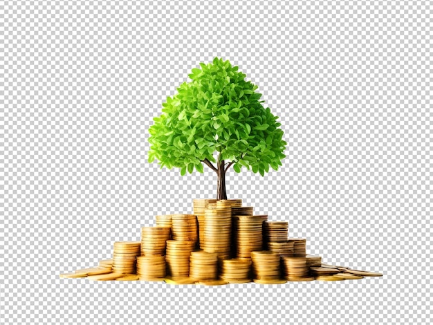 PSD stack of gold coin with growing green tree isolated on transparent background