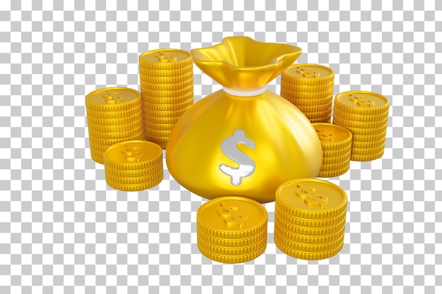 Stack of gold coins and gold sack