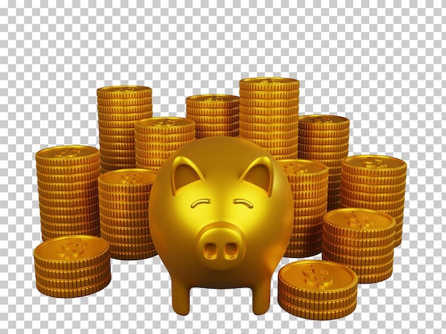 Stack of gold coins and piggy bank isolated 3D rendering