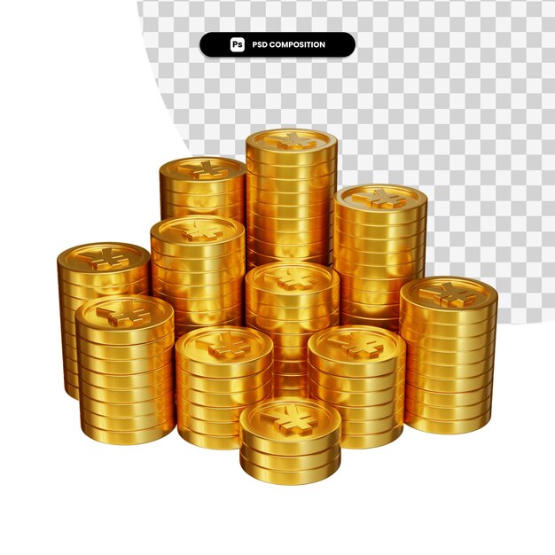 Stack of golden coins in 3d rendering isolated