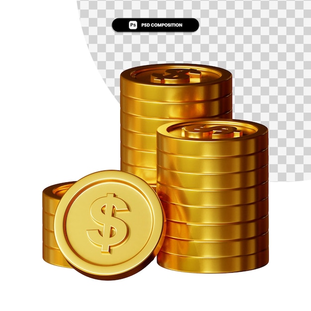 PSD stack of golden coins in 3d rendering isolated