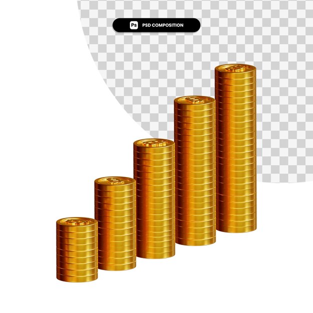 Stack of golden coins in 3d rendering isolated