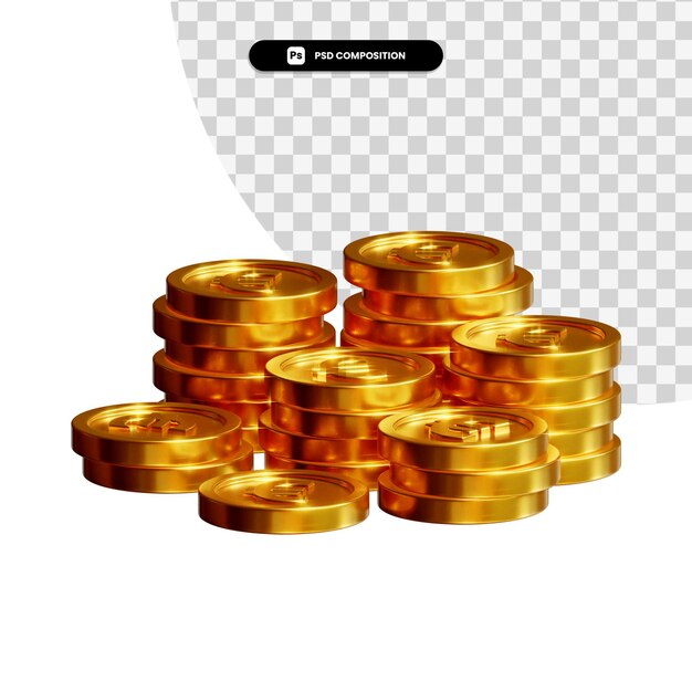 Stack of golden coins in 3d rendering isolated