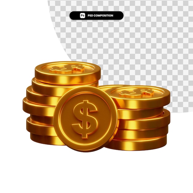 PSD stack of golden coins 3d rendering isolated