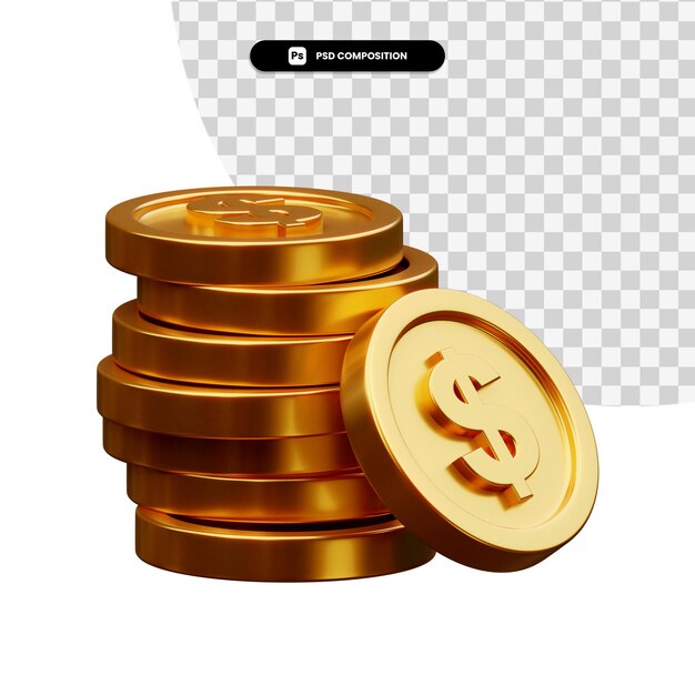 Stack of golden coins in 3d rendering isolated