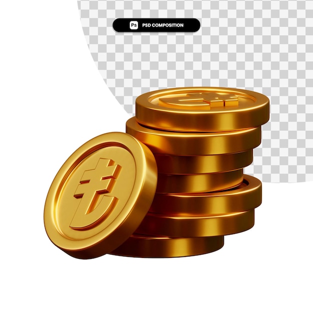 Stack of golden coins in 3d rendering isolated