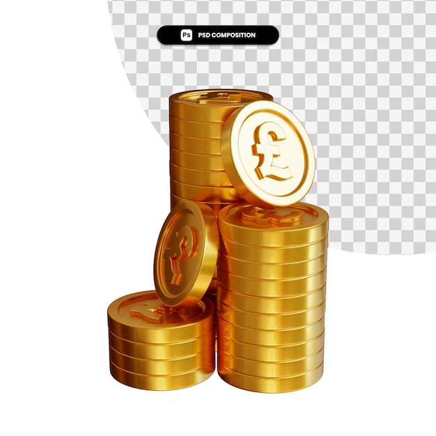 Stack of golden coins pound in 3d rendering isolated