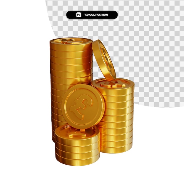 Stack of golden coins pound in 3d rendering isolated