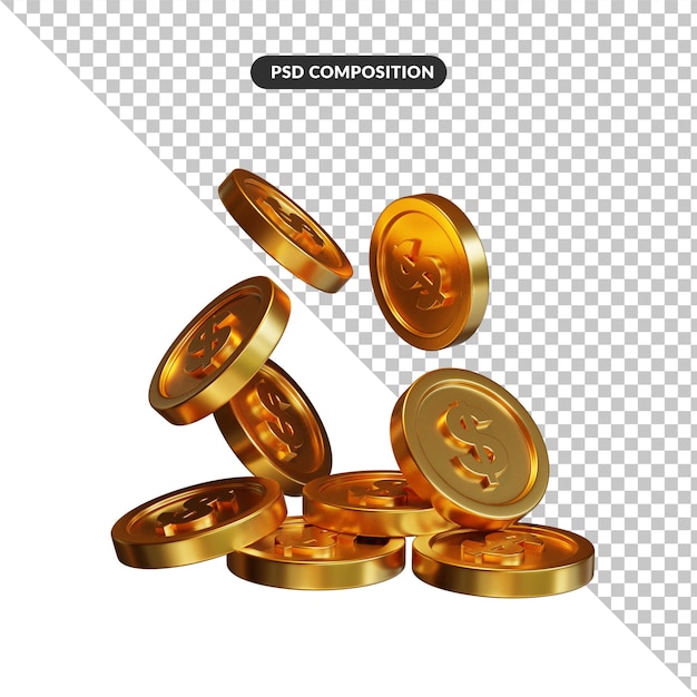 Pila di monete d'oro su sfondo bianco, rendering 3d. concetto bancario e finanziario