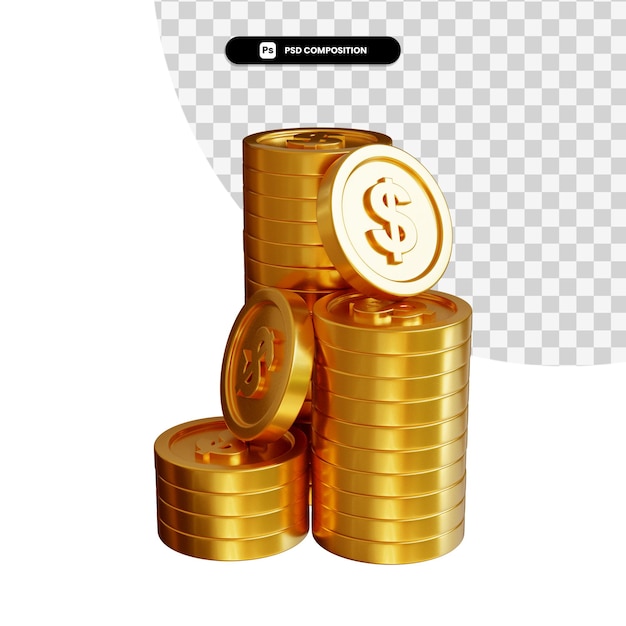 stack of golden dollar coins in 3d rendering isolated