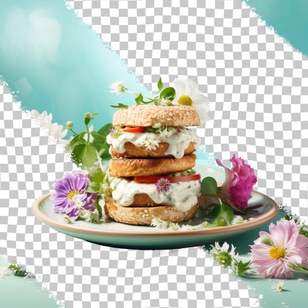 PSD una pila di hamburger serviti su un piatto con fiori decorativi