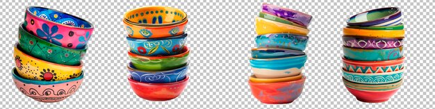 PSD stack of handpainted ceramic bowls in vibrant colors set isolated on transparent background