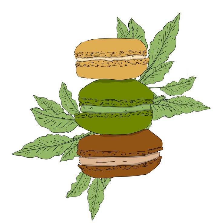 PSD stack of macaroons on background with branches and leaves green color illustration raster digital