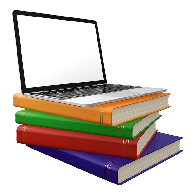 PSD stack of multi colored books with laptop on top electronic education concept isolated on transparent background