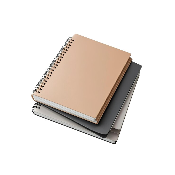 PSD stack of notebooks spiral bound blank pages beige black and white
