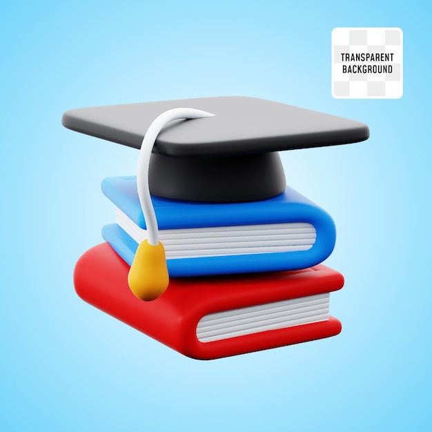 3d 아이콘 일러스트레이션 렌더 디자인을위한 교육 졸업을위한 대학 토가 모자를 가진 책 더미