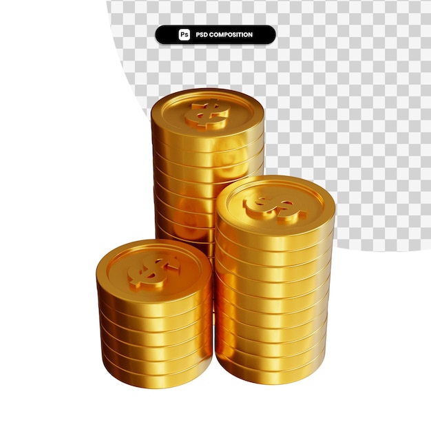 stack of golden dollar coins in 3d rendering isolated