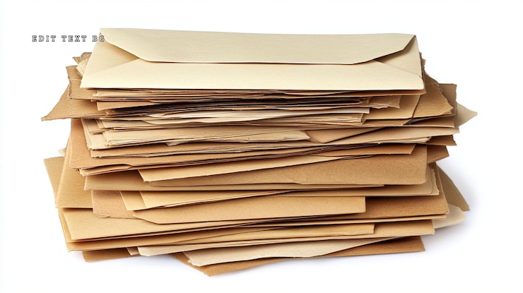 PSD stack of old beige envelopes and papers on white background
