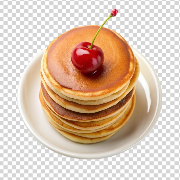 PSD a stack of pancakes top in cherry on white plate isolated on transparent background