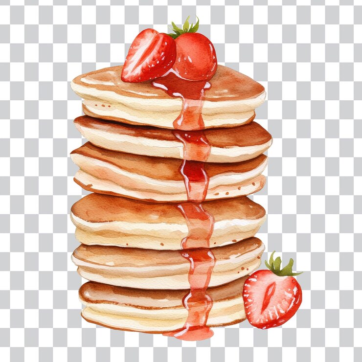 PSD stack of pancakes with strawberries and syrup dripping on top